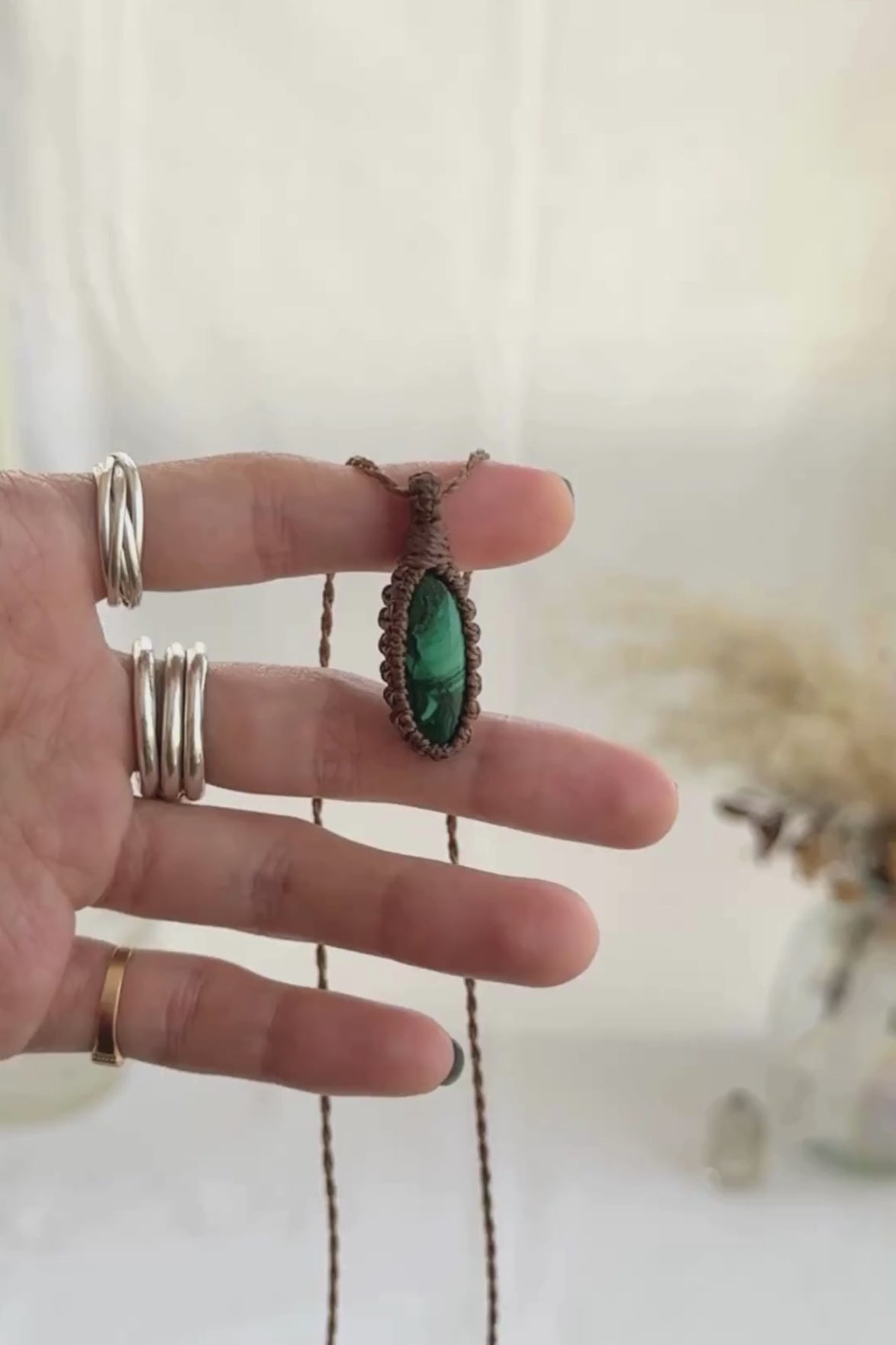 Video of the handmade Malachite Macrame necklace, highlighting the vibrant tones of the gemstone and the lightweight, minimalist macrame design.