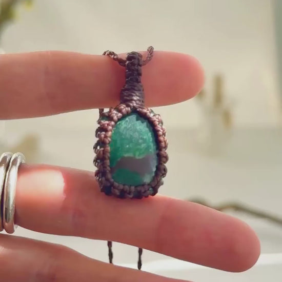 Handmade Malachite macramé necklace showing natural gemstone details, texture and shine