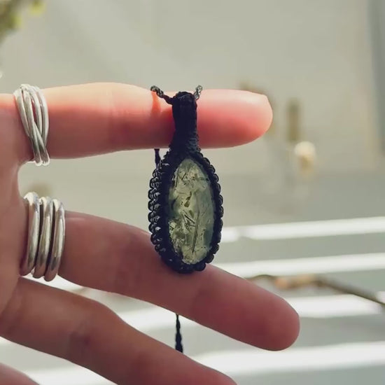Handmade Prehnite macramé necklace showing natural gemstone details, texture and shine