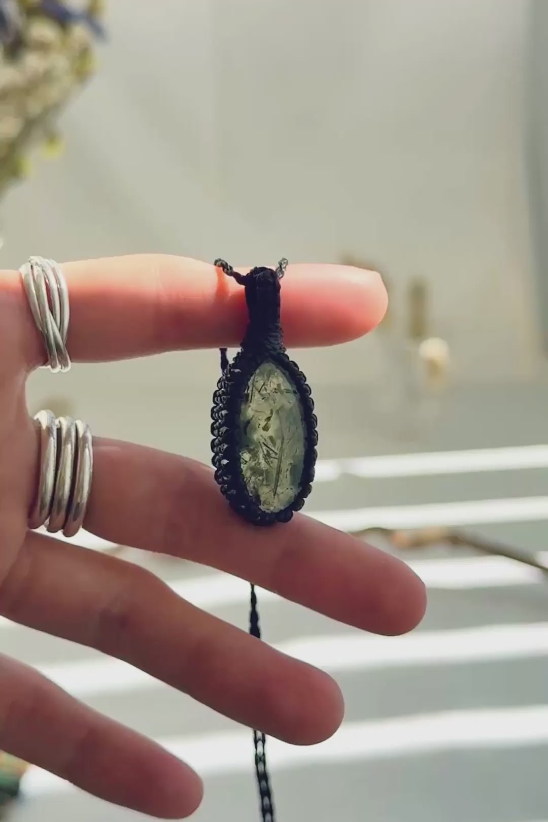 Handmade Prehnite macramé necklace showing natural gemstone details, texture and shine