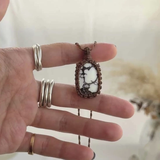 Video of the handmade Wild Horse Magnesite Macrame necklace, highlighting the vibrant tones of the gemstone and the lightweight, minimalist macrame design.