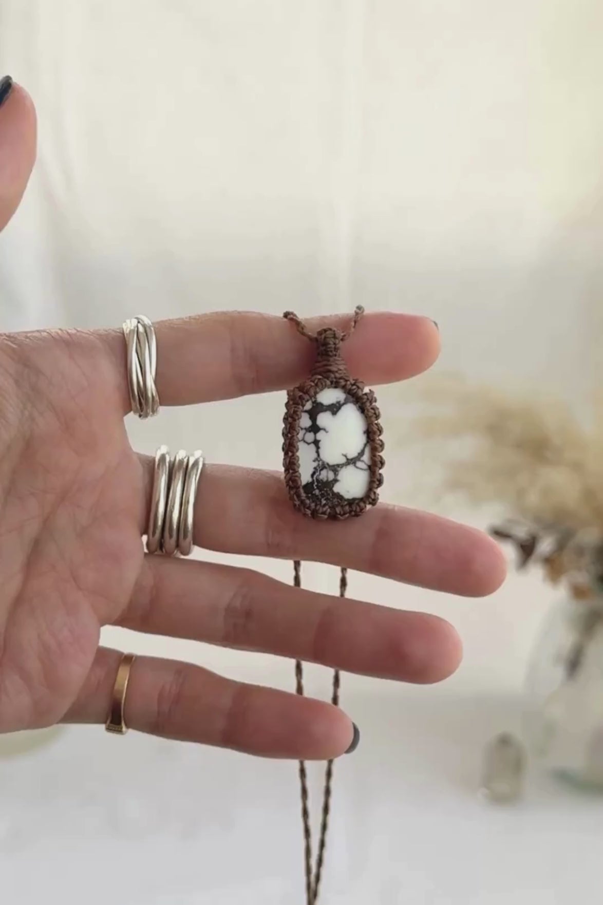 Video of the handmade Wild Horse Magnesite Macrame necklace, highlighting the vibrant tones of the gemstone and the lightweight, minimalist macrame design.