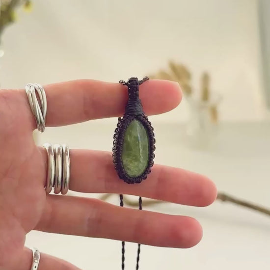 Handmade Vesuvianite macramé necklace showing natural gemstone details, texture and shine