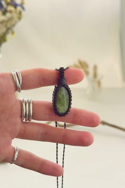 Handmade Vesuvianite macramé necklace showing natural gemstone details, texture and shine