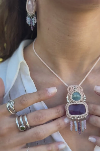 Handmade Aquamarine and Amethyst Pendant Necklace with Cascading Crystal Beads