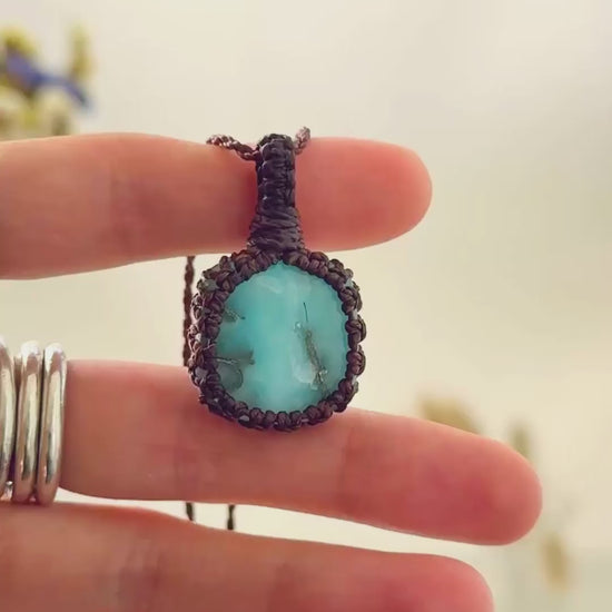 Handmade Larimar macramé necklace showing natural gemstone details, texture and shine