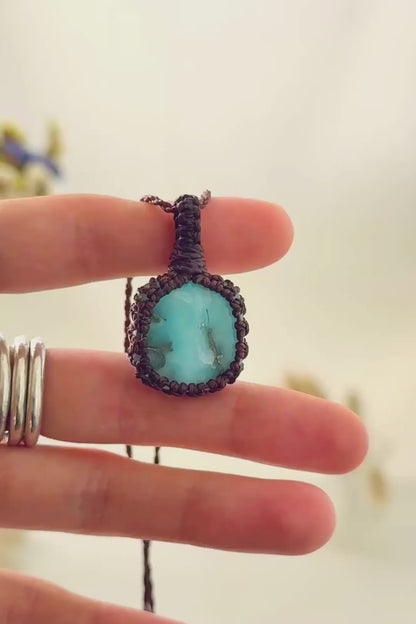 Handmade Larimar macramé necklace showing natural gemstone details, texture and shine