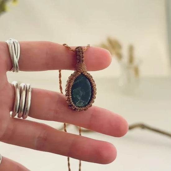 Handmade Seraphinite macramé necklace showing natural gemstone details, texture and shine