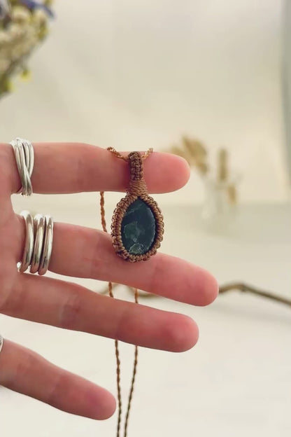 Handmade Seraphinite macramé necklace showing natural gemstone details, texture and shine