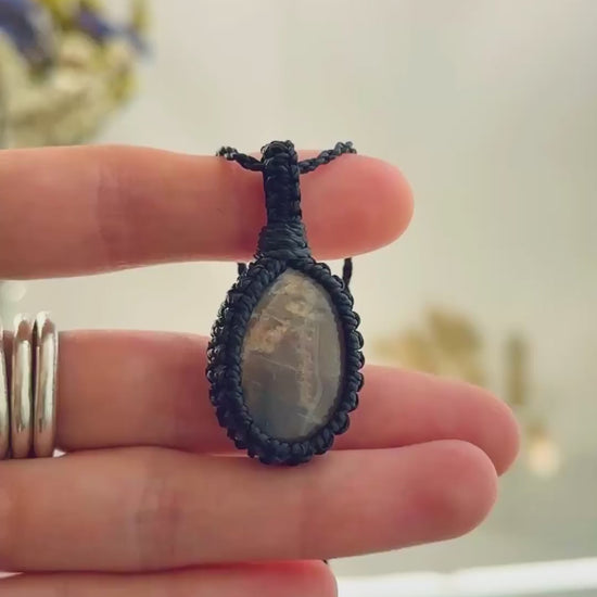 Handmade Black Moonstone macramé necklace showing natural gemstone details, texture and shine