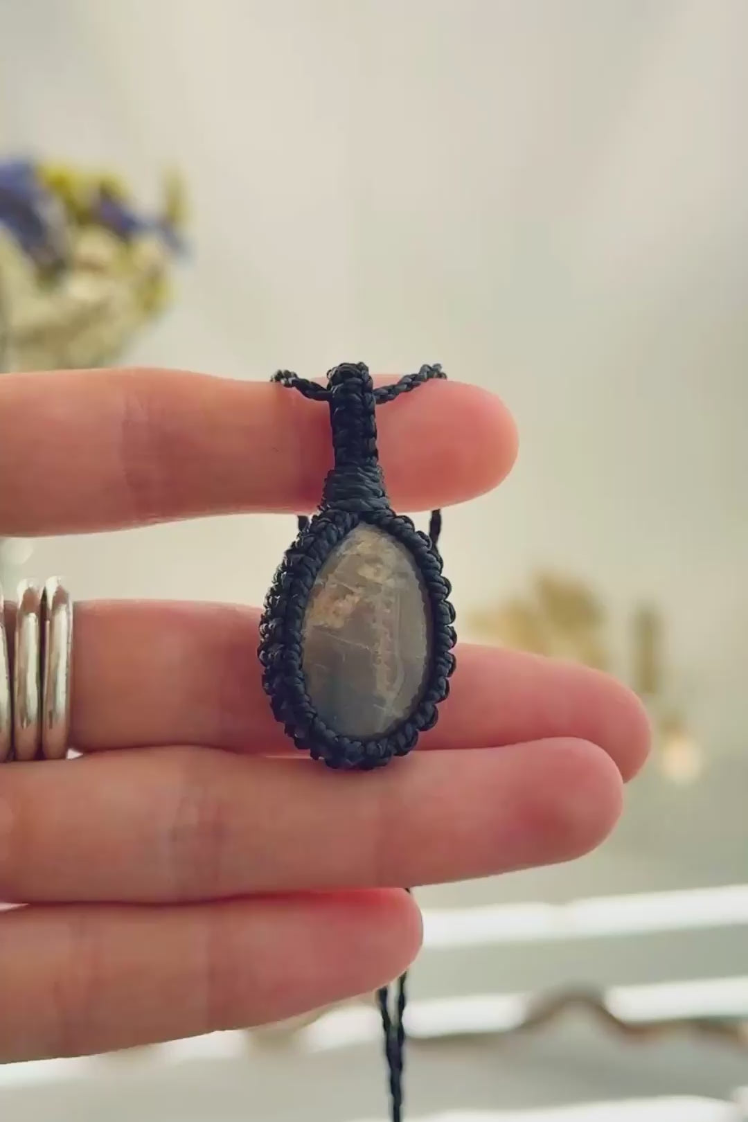 Handmade Black Moonstone macramé necklace showing natural gemstone details, texture and shine