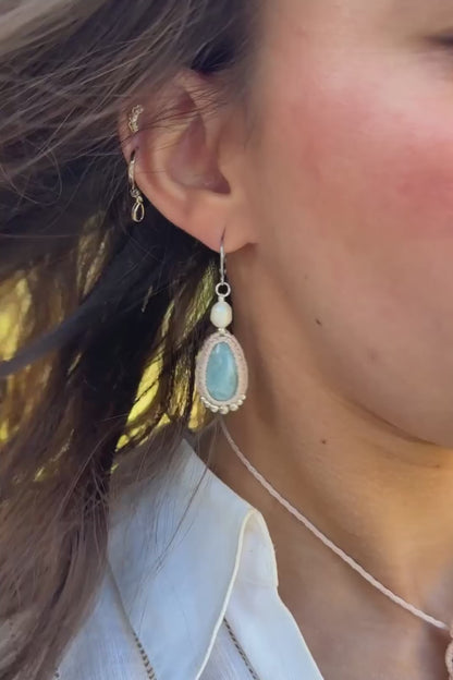 Handmade Aquamarine Drop Hoop Earrings with Freshwater Pearl