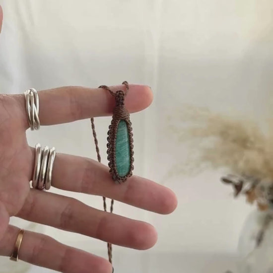 Video of the handmade Amazonite Macrame necklace, highlighting the vibrant tones of the gemstone and the lightweight, minimalist macrame design.