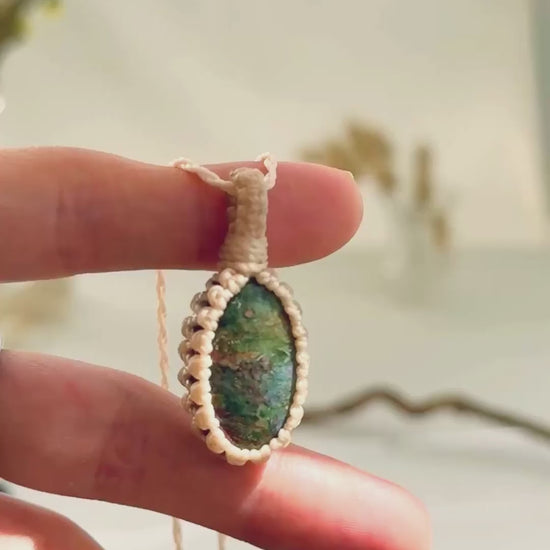 Handmade Ruby Fuchsite macramé necklace showing natural gemstone details, texture and shine