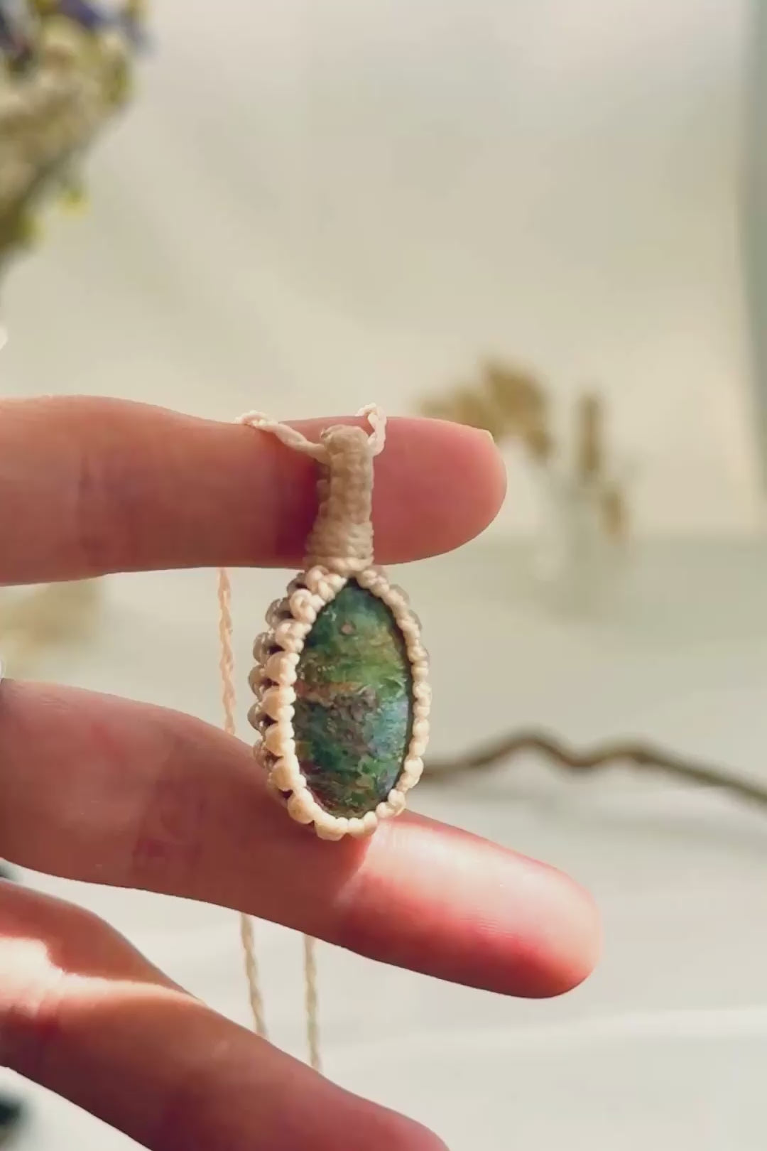 Handmade Ruby Fuchsite macramé necklace showing natural gemstone details, texture and shine