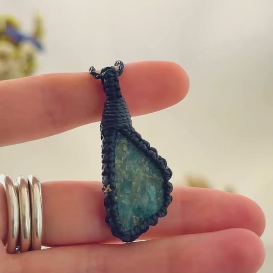 Handmade Apatite macramé necklace showing natural gemstone details, texture and shine