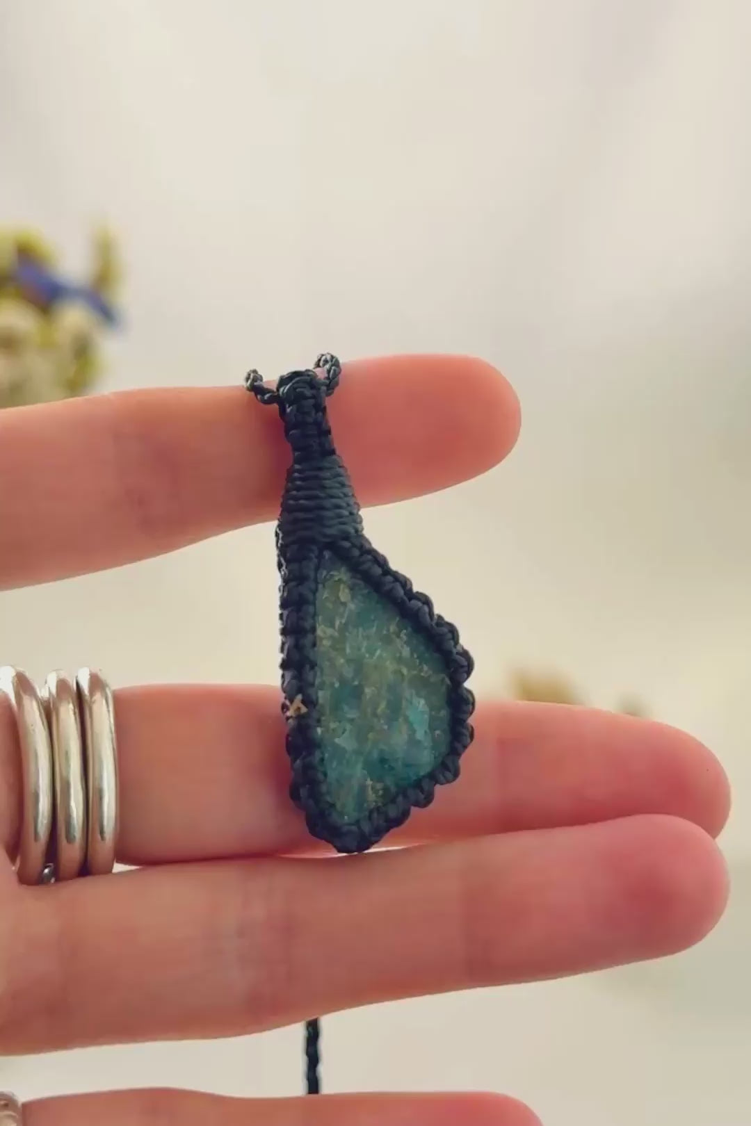 Handmade Apatite macramé necklace showing natural gemstone details, texture and shine