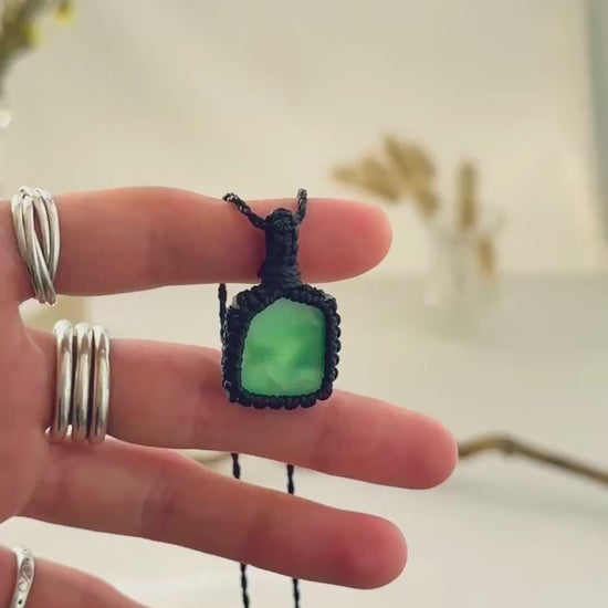 Handmade Chrysoprase macramé necklace showing natural gemstone details, texture and shine