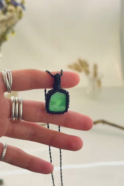 Handmade Chrysoprase macramé necklace showing natural gemstone details, texture and shine