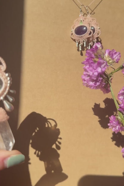 Handmade Prasiolite and Double Quartz Point Pendant Necklace with Amethyst and Silver Drops