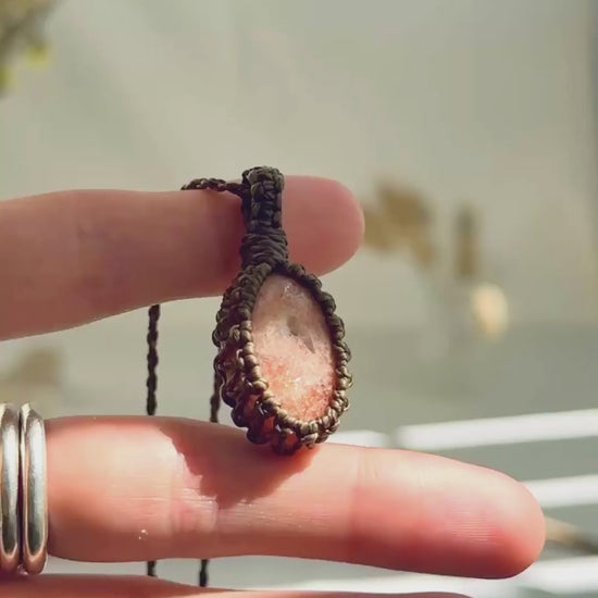 Handmade Sunstone macramé necklace showing natural gemstone details, texture and shine