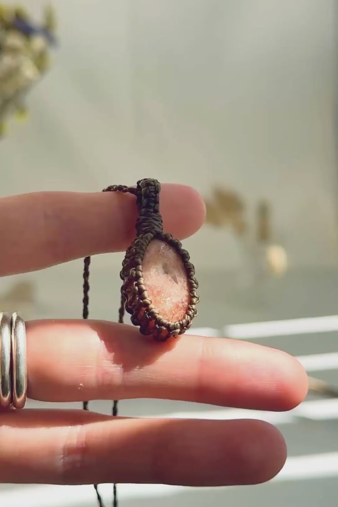 Handmade Sunstone macramé necklace showing natural gemstone details, texture and shine