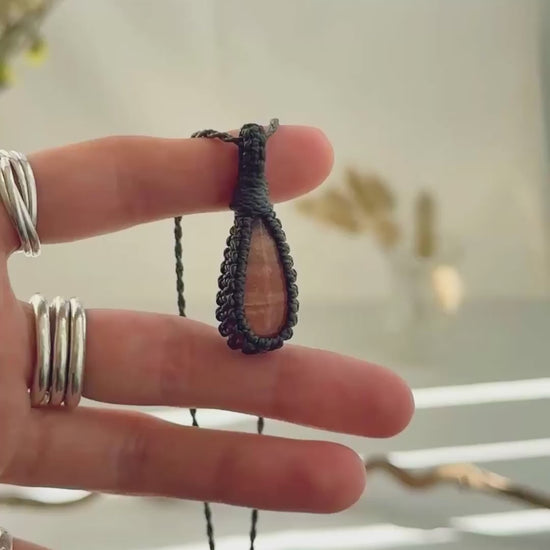 Handmade Sunstone macramé necklace showing natural gemstone details, texture and shine