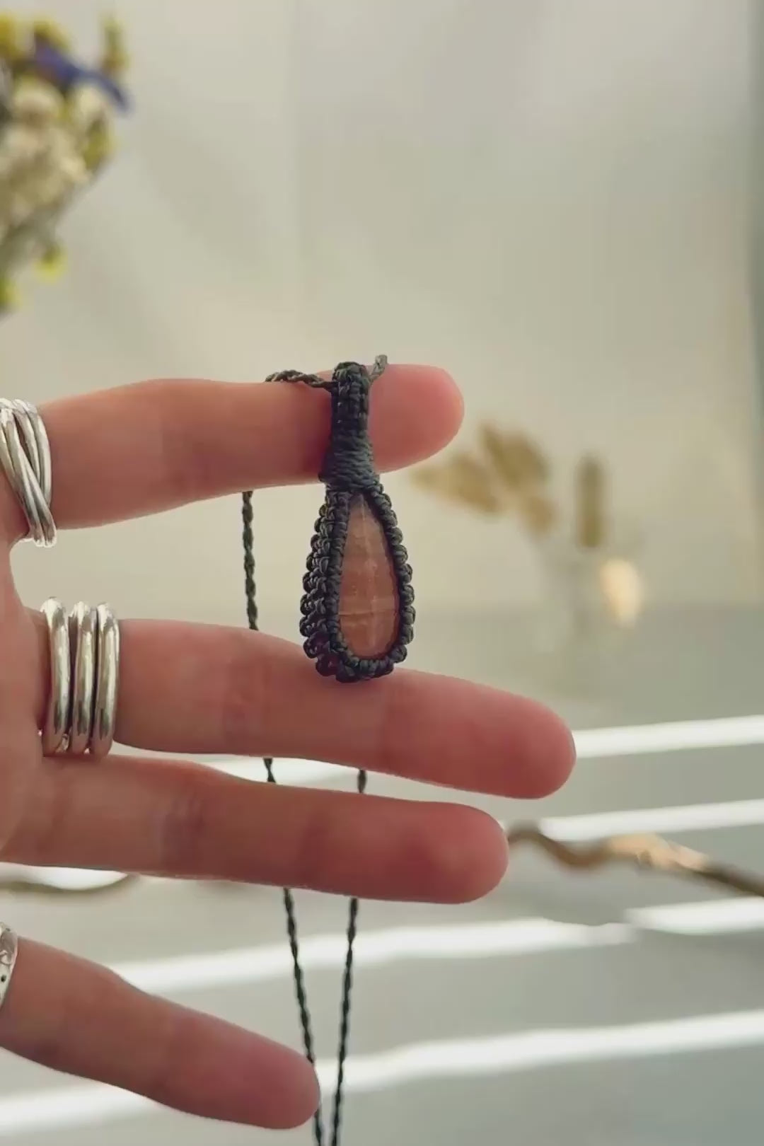 Handmade Sunstone macramé necklace showing natural gemstone details, texture and shine