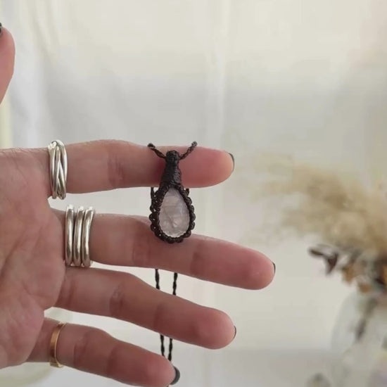 Video of the handmade Rose Quartz Macrame necklace, highlighting the vibrant tones of the gemstone and the lightweight, minimalist macrame design.