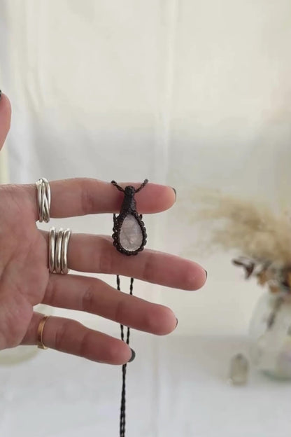 Video of the handmade Rose Quartz Macrame necklace, highlighting the vibrant tones of the gemstone and the lightweight, minimalist macrame design.