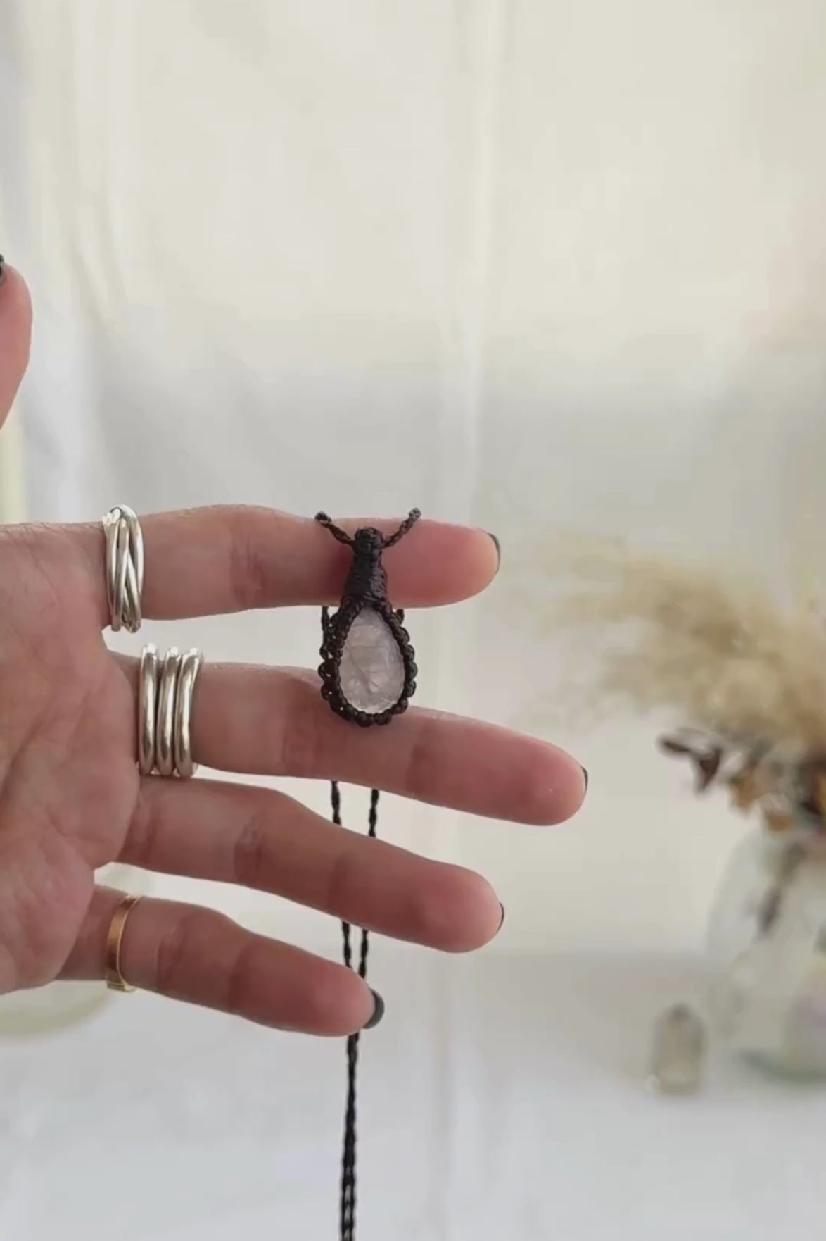 Video of the handmade Rose Quartz Macrame necklace, highlighting the vibrant tones of the gemstone and the lightweight, minimalist macrame design.
