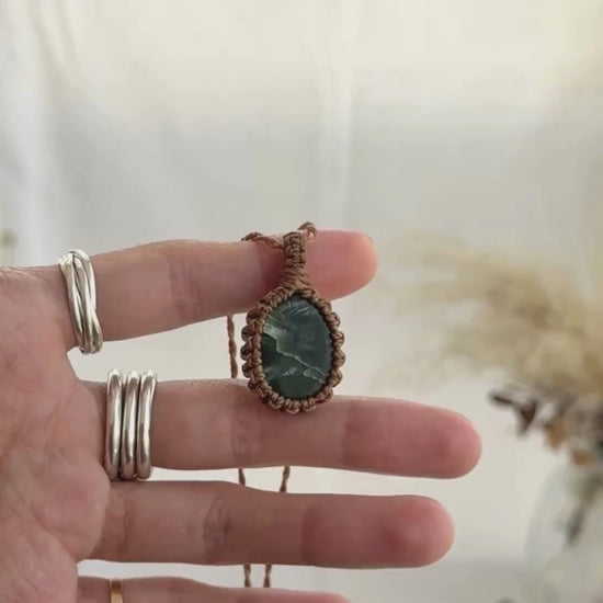 Video of the handmade Seraphinite Macrame necklace, highlighting the vibrant tones of the gemstone and the lightweight, minimalist macrame design.