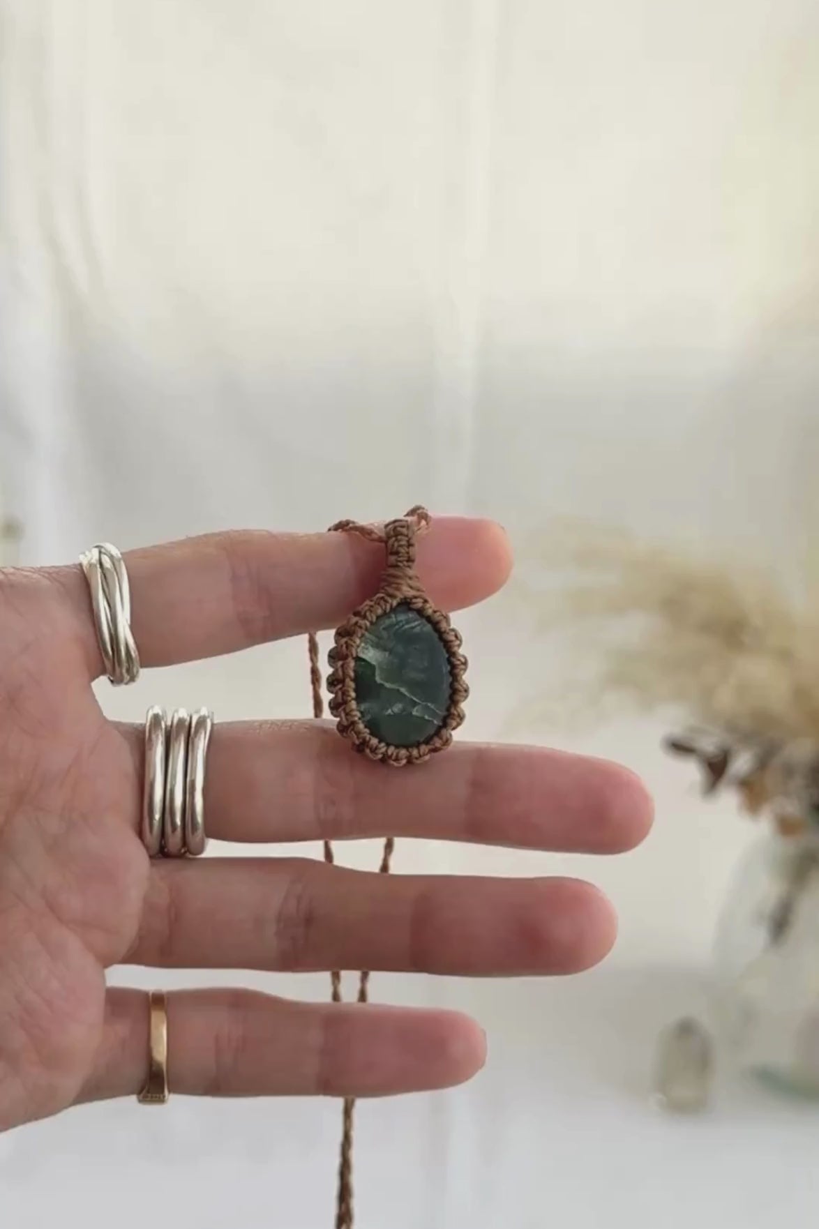 Video of the handmade Seraphinite Macrame necklace, highlighting the vibrant tones of the gemstone and the lightweight, minimalist macrame design.