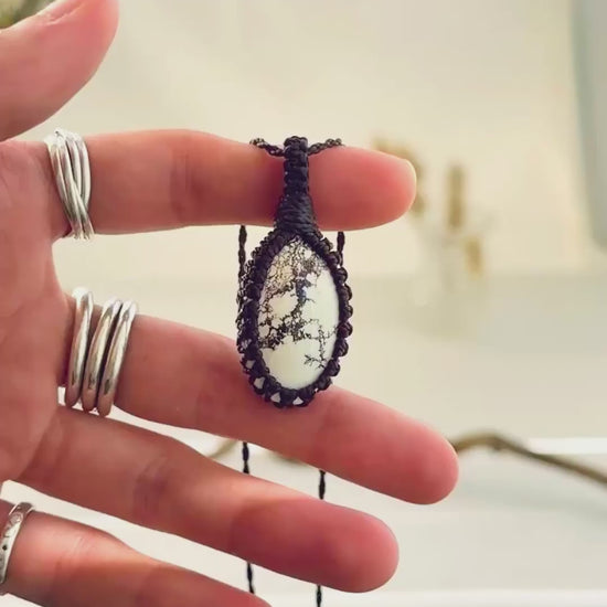 Handmade Wild Horse Magnesite macramé necklace showing natural gemstone details, texture and shine
