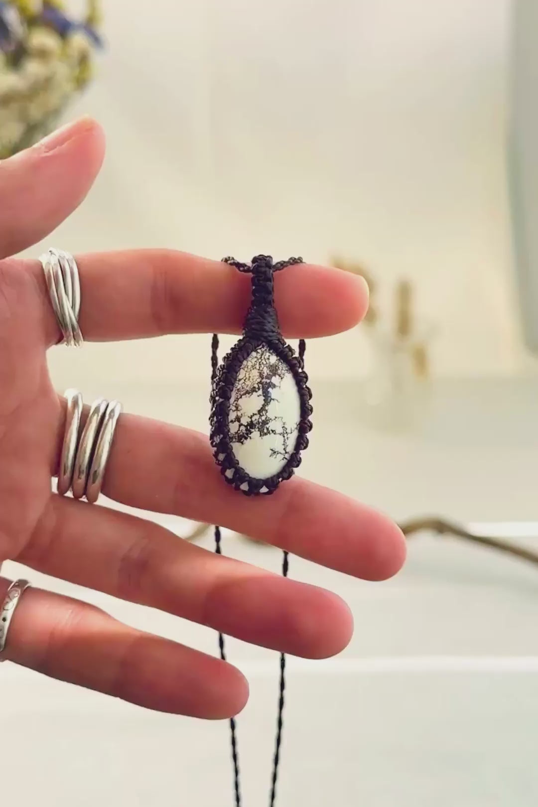 Handmade Wild Horse Magnesite macramé necklace showing natural gemstone details, texture and shine