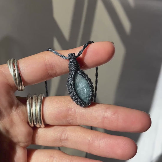 Video of the handmade Aquamarine Macrame necklace, highlighting the deep blue tones of the gemstone and the lightweight, minimalist macrame design.