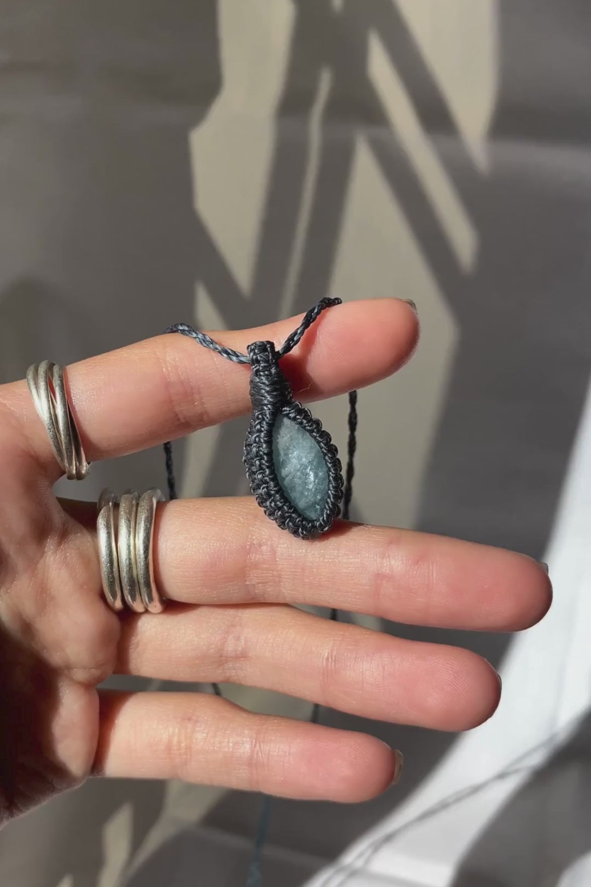 Video of the handmade Aquamarine Macrame necklace, highlighting the deep blue tones of the gemstone and the lightweight, minimalist macrame design.