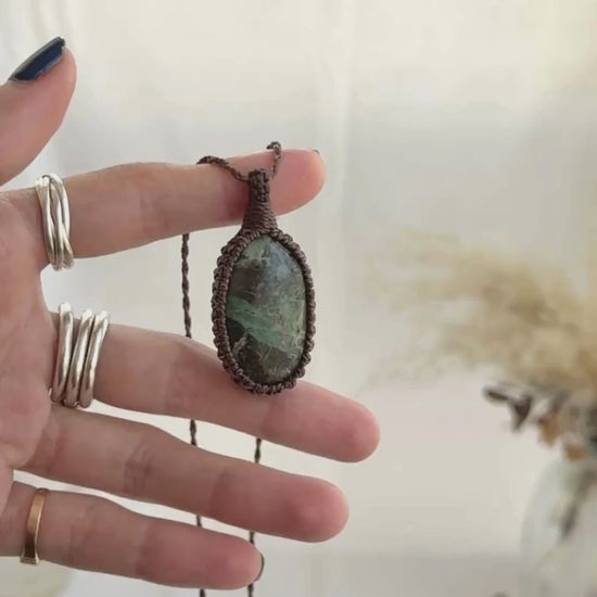 Video of the handmade Chrysocolla Macrame necklace, highlighting the vibrant tones of the gemstone and the lightweight, minimalist macrame design.