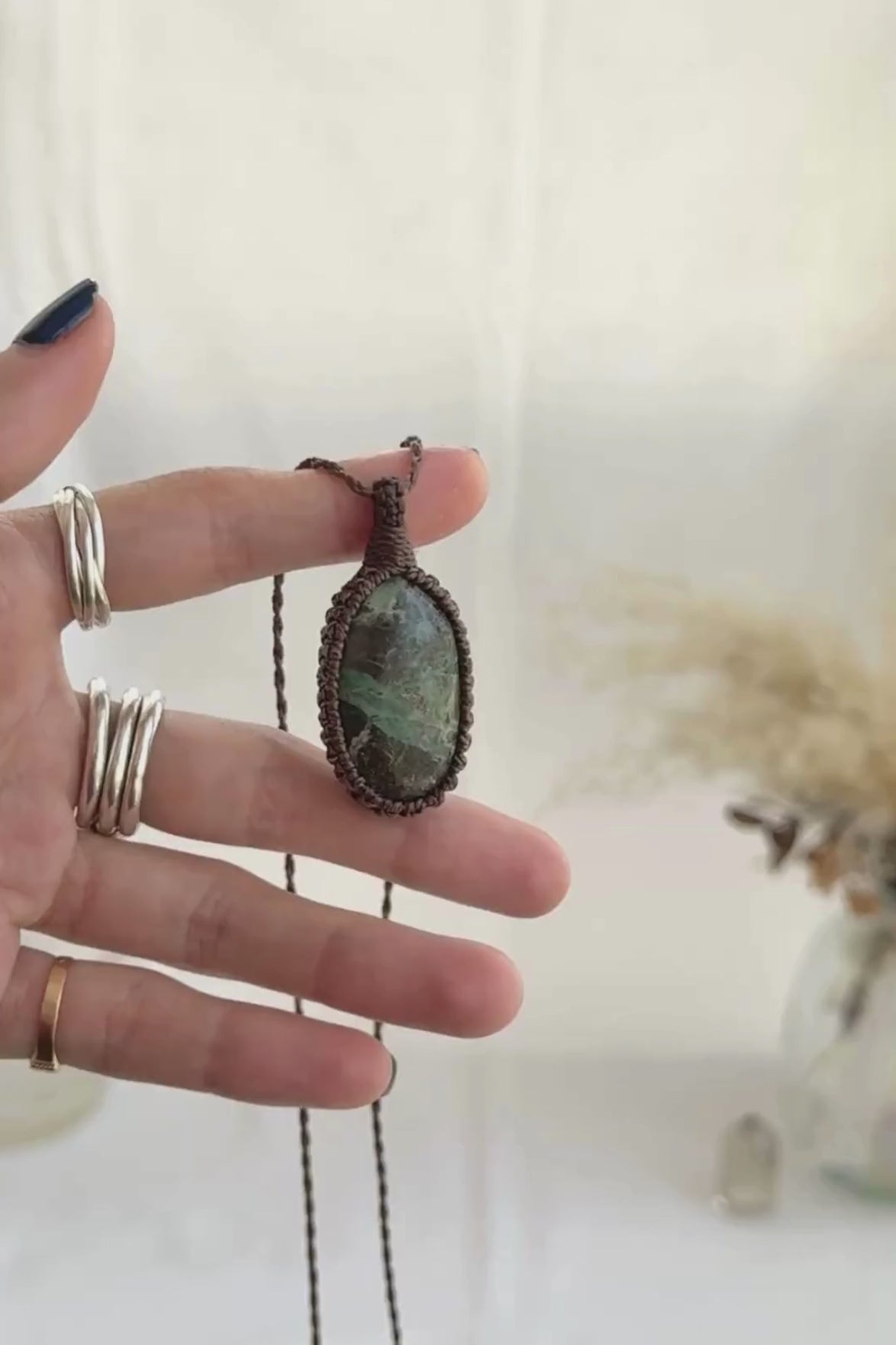 Video of the handmade Chrysocolla Macrame necklace, highlighting the vibrant tones of the gemstone and the lightweight, minimalist macrame design.