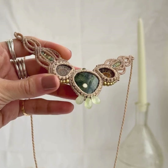 Ocean jasper and split ammonite necklace showcasing gemstone details, prehnite drops, and intricate macrame work