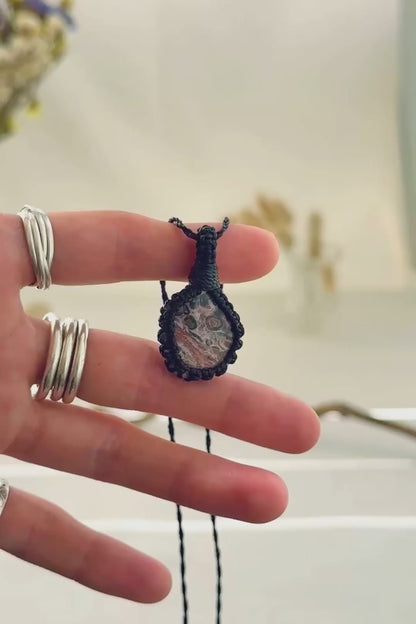 Handmade Leopard Jasper macramé necklace showing natural gemstone details, texture and shine