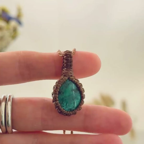 Handmade Turquoise macramé necklace showing natural gemstone details, texture and shine