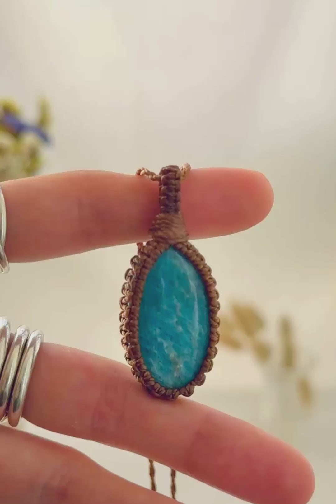 Handmade Apatite macramé necklace showing natural gemstone details, texture and shine