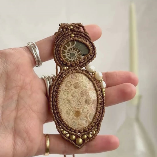 Rare sliced ammonite and fossil coral necklace showcasing natural fossil details and artisan craftsmanship.