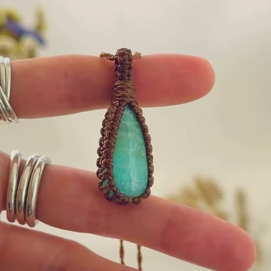 Handmade Amazonite macramé necklace showing natural gemstone details, texture and shine