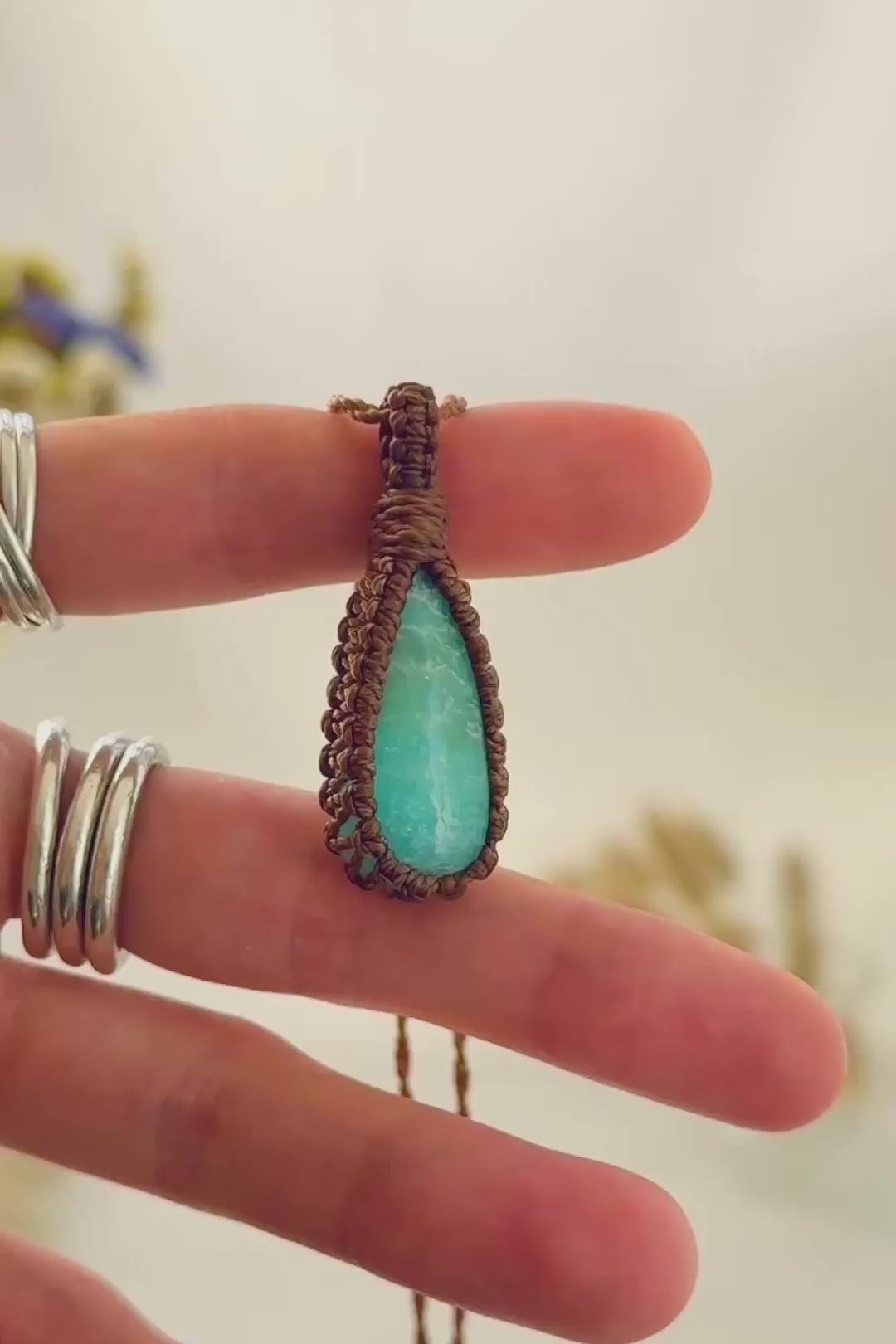 Handmade Amazonite macramé necklace showing natural gemstone details, texture and shine