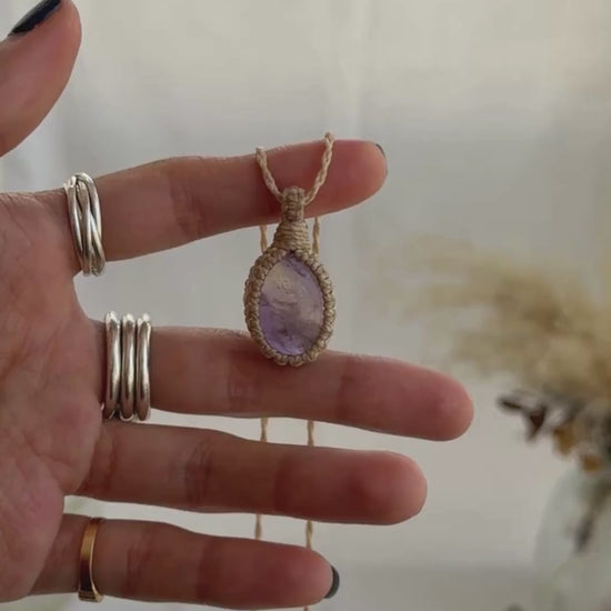 Video of the handmade Ametrine Macrame necklace, highlighting the vibrant tones of the gemstone and the lightweight, minimalist macrame design.