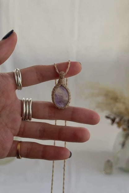 Video of the handmade Ametrine Macrame necklace, highlighting the vibrant tones of the gemstone and the lightweight, minimalist macrame design.
