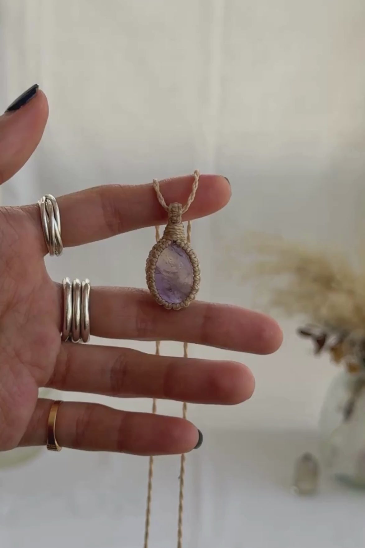 Video of the handmade Ametrine Macrame necklace, highlighting the vibrant tones of the gemstone and the lightweight, minimalist macrame design.