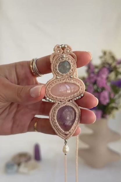 Handmade Aquamarine, Rose Quartz and Ametrine Statement Pendant Necklace with Freshwater Pearl
